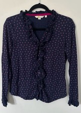 Boden Navy Pink Floral Ruffle Long Sleeve Button Front Blouse Size US 6P picture