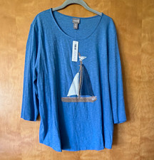 Chico's Blue Nautical Sailboat Appliqué Scoop Neck 3/4 Sleeve Sweater Sz 3 picture