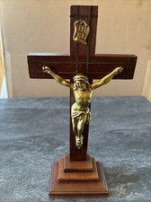 BOLD AND BEAUTIFUL  ANTIQUE DOMESTIC TABLE CROSS CRUCIFIX BRASS ACCENTS 11.25 #D picture