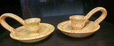 Charming Vintage Hand Made speckled Signed pair candle holder farm cottage core  picture