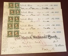 Lot of 5 1898 The Natick Natioal Bank Checks with a Pair of R154 Revenue Stamps picture