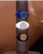 Rarities Carol Brodie Gold Plated .25ctw Diamond and Enamel Signet Ring Blue  7 picture