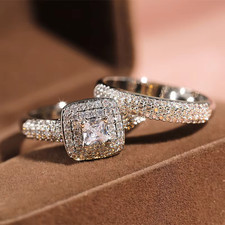 925 Sterling Silver 2PCS Bridal Ring Set Round Cut CZ Engagement Wedding Gift picture