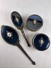 4 Pc. Antique French Victorian Filigree Gold Gilt Cobalt Blue Glass Vanity Set picture