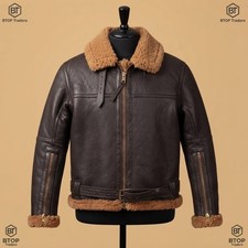 Mens Brown B3 Aviator Shearling Leather Jacket RAF WWII Flight Bomber Pilot Coat picture