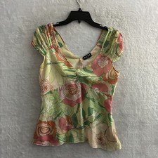 BCBG Paris Woman Blouse Top Multicolor Floral Small Rayon Sheer Short Sleev Zip picture