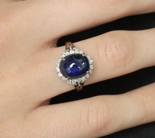 5.42ct Natural Royal Blue Sapphire & 0.50ct Diamond Halo Platinum Ring, Size 6.5 picture