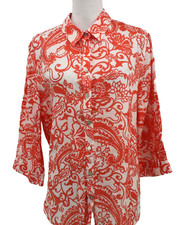 Chicos 3 No Iron Linen Top Womens XL Orange Floral Button 3/4 Sleeve Coastal New picture