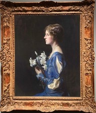 Hand Painted Woman Holding Lilies Portrait Oil Painting Antique Female Style Art picture