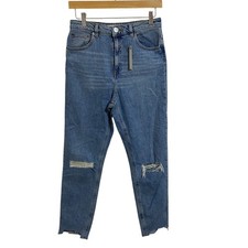 ASOS Mom Jeans Light Wash Distressed High Rise Raw Hem Vintage 90s 28 picture