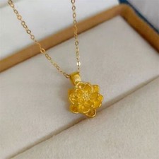 Real 24K Yellow Gold 3D Lotus Flower Pendant 18K Yellow Gold O Chain Necklace picture