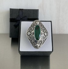 Huge Artisan Crafted Forest Green Quartz Ring Oxidized 925 Sterling Silver SZ 7 picture