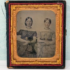 1/6th Plate Tinted Ambrotype Two Young Women Off Shoulder Dresses Half Case picture