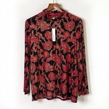 NEW Chicos 2 Touch Of Cool Carmine Red Floral Mock Neck Top US Size L picture