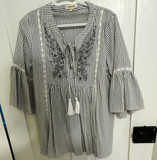 Cotton Bleu Women’s M Blue/White Striped V-Neck Tunic Blouse Tie Tassel picture