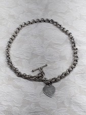 Vintage 925 Italian sterling silver rolo chain toggle clasp heart dog tag choker picture
