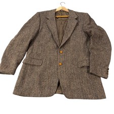 Sergio Valente Harris Tweed Men 44L Wool Herringbone Blazer Sport Coat Brown USA picture