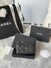 CHANEL Classic Quilted Caviar Leather Zip Card Holder Wallet Black Gold CC picture