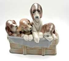 LLADRO Figurine Glossy ‘Four Beagle Puppies in a Basket’ Vtg Retired 1978 picture