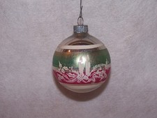 Vtg Shiny Brite Christmas Ornament Green Pink Stripe White Candles Holly Stencil picture