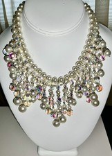 Vintage Vendome Faceted AB Glass & Faux Pearl Fringe Statement Huge Necklace picture