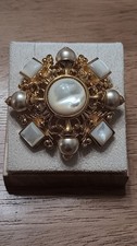 Vintage Signed Joan Rivers Maltese Cross Brooch Faux Pearl Simulated Mop 2.5