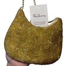 Vintage 1950's Walborg Gold Beaded Purse Evening Bag w/ Long Gold Chain NWT picture