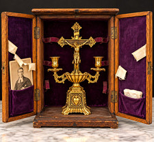 Antique c1900 Ormolu Bronze Catholic Last Rites Sick Call Altar Cabinet Rare picture