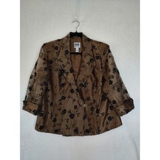 R&M Richards Women Bronze Metallic Floral Flocked Sheer Sleeve Evening Jacket 14 picture