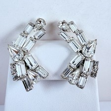 Vintage Sparkly Rhinestone Silver Tone Clip on Earrings MCM picture
