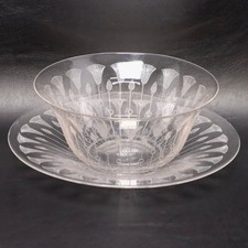 Dorflinger Kalana Lotus Etched Crystal Dessert Broth Bowl & Plate Glass Antique picture