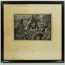 Vintage Bernard Brussel-Smith Signed Maritime Wood Engraving “Mackerel Seining” picture