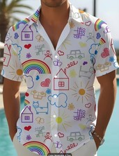 Rainbow Doodles Art Hawaiian Shirt Mens White Casual Everyday Clothing DUTY PAID picture