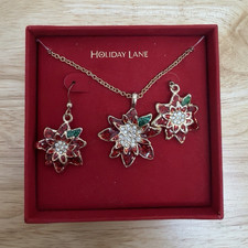 Macy's Holiday Lane Flower Enamel Crystal Necklace Pendant & Earrings Set picture