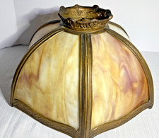 Vtg/Antq 6 Panel Slag Glass & Brass Shade-Amber Ivory Marbled Art Nouveau 15