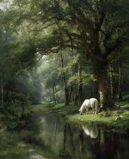 White Horse Grazing Beside Reflective Pond in Green Forest Print - 885926107 picture