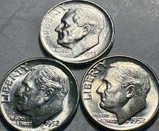 1952 P D S Roosevelt Dime 10c 90% SILVER 3 Mint Year Lot PDS BU Brilliant Unc picture