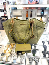 Michael Kors Women Large MK Shoulder Tote Handbag Purse + Bifold Wallet Oregano picture