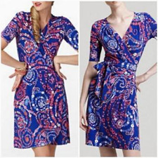 Lilly Pulitzer Blue Pink Paisley Wrap V-Neck Short Sleeve Jersey Dress size L picture