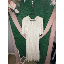 Vintage Laurence Kazar Ivory Pearl Beaded Lace Maxi Bridal Wedding Dress Size S picture