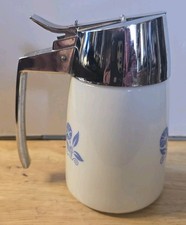 Vintage Pyrex 903 Milk Glass Syrup Dispenser Blue Floral Chrome Pump Lid picture
