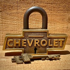 Chevrolet Large Brass Lock W/ Keys, Chevy Logo, Advertising, Antique Finish picture
