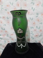 ANTIQUE, BOHEMIAN IRIDESCENT GLASS VASE W/HAND-PAINTED FLORAL DECORATION picture