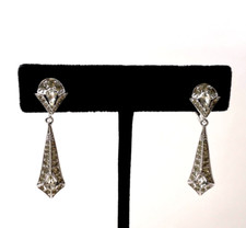 FABULOUS PANETTA OLD VNTG ART DECO EARRINGS BIG SPARKLE RHINESTONES RHODIUM PLTE picture