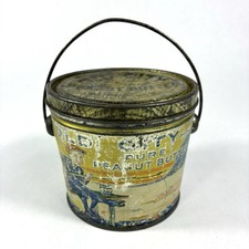 Rare Antique Old City Peanut Butter Tin Pail Boy Fishing Horse Sleigh Quebec Vtg picture