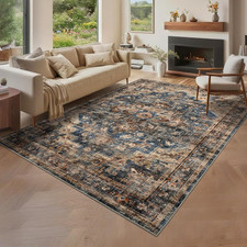 Vintage 8X10 Washable Area Rug for Living Room, Non-Slip Blue & Brown picture