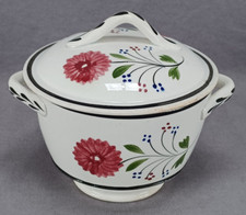 British Hand Enameled Red & Blue Floral Black Trimmed Pearlware Sugar Bowl picture