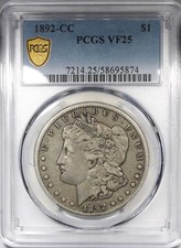1892-CC Morgan Dollar PCGS VF25 Circulated Key Date $1 picture