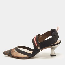 Fendi Colibri Size 37 BlackBeige Canvas and Mesh Slingback Pumps picture