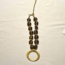 Chico's Gold Tone Beaded Necklace Brown Glass Ring Pendant Adjustable Signed picture
